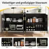 A black sideboard with gold accents, showcasing various items stored within its compartments, including kitchenware, bottles, and decorative items. The image is divided into a main view of the sideboard and four smaller inset images highlighting specific s Produktbild-Vorschau