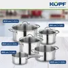 A collection of stainless steel pots and pans with glass lids, displayed on a light wooden surface with a blurred kitchen background. Produktbild-Vorschau