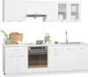 A white kitchen unit with cabinets, an oven, a sink, and a faucet. Produktbild-Vorschau