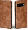 Two views of a brown leather flip case for a smartphone, shown open and closed. Produktbild-Vorschau