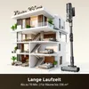 A cutaway view of a multi-story house with a cordless vacuum cleaner next to it, illustrating its cleaning capacity. Produktbild-Vorschau