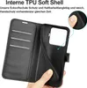 A person's hand is holding open a black flip-style phone case, revealing the interior card slots and the phone holder section. Produktbild-Vorschau