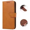 A brown leather-look phone case with a magnetic closure and card slots, shown in a studio setting with close-up detail shots. Produktbild-Vorschau