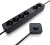 A black power strip with six outlets and a separate square control unit with a dial and blue light, all on a white background. Podgląd zdjęcia produktu