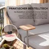 A close-up view of a small side table attached to a sofa, with text describing its features. Náhled obrázku produktu