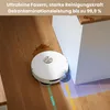 A white robot vacuum cleaner is shown cleaning a wooden floor with a spill. Graphics indicate cleaning effectiveness. Produktbild-Vorschau