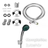 A collection of bathroom fixture components, including a shower hose, shower head, mounting bracket, decorative escutcheons, and connectors, arranged on a white background. Produktbild-Vorschau
