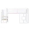 A white metal loft bed with stairs and a desk underneath, against a white background. Produktbild-Vorschau