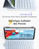 A tablet with a keyboard and stylus, with marketing text highlighting features. Produktbild-Vorschau