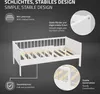 A white children's bed with wooden slats, shown with informational callouts highlighting its features. Produktbild-Vorschau