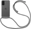 A transparent phone case with a gray lanyard attached to an iPhone. Produktbild-Vorschau