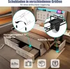 A bed with open drawers, showing storage and features like wheels and a locking mechanism. Icons at the bottom suggest storage possibilities. Produktbild-Vorschau