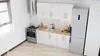 A clean, modern kitchen setup with white cabinets, a stainless steel stove, and a refrigerator. Produktbild-Vorschau