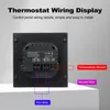 The back of a black thermostat is shown, with wiring diagrams and labels indicating connections for temperature sensor, neutral wire, and fire wire. Podgląd zdjęcia produktu