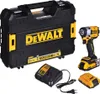 A Dewalt impact wrench kit is displayed on a white background, including the tool, a charger, a spare battery, and a storage case. Produktbild-Vorschau