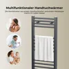 A collage of lifestyle images showing people using towels, next to a product image of a towel warmer. Náhled obrázku produktu