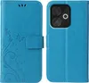 A blue flip phone case with a floral and butterfly embossed design is shown open, displaying the inside and the phone it protects. Produktbild-Vorschau