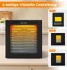 A black COSTWAY food dehydrator with multiple trays is shown on a kitchen counter. To the right, three smaller images highlight different views of the dehydrator's control panel and interior. Podgląd zdjęcia produktu