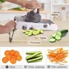 A hand is using a mandoline slicer to cut vegetables, with sliced vegetables shown in the foreground and examples of different cuts at the bottom. Produktbild-Vorschau