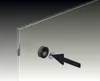 A 3D rendering of a glass mounting bracket with an arrow pointing to a component. Produktbild-Vorschau
