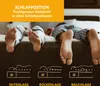 Two people lying on a bed with their feet visible, illustrating different sleeping positions with diagrams below. Produktbild-Vorschau