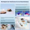 Collage of images showing a woman sleeping on a pillow, diagrams of neck support, and a couple sleeping in bed. Produktbild-Vorschau
