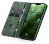 A green flip case for a smartphone, open to reveal the phone screen and card slots. Produktbild-Vorschau