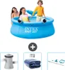 A blue Intex Easy Set pool with a whale design, featuring two children and an adult inside. Below the pool are images of a filter pump, a solar cover, and a cleaning kit. Produktbild-Vorschau