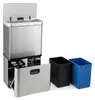 A stainless steel trash can with a lid open, and two separate bins (black and blue) next to it. Podgląd zdjęcia produktu