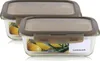 Two glass food storage containers with brown lids are shown side-by-side. Produktbild-Vorschau