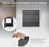 A dark gray mailbox is shown mounted on a wall, with close-up insets detailing its dimensions and a hand inserting a letter. Text overlays highlight its features and dimensions. Náhled obrázku produktu