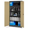 An open metal cabinet filled with laboratory or office supplies, including bottles, beakers, binders, and canisters. Produktbild-Vorschau