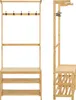 A wooden coat rack with shelves and hooks, shown from two different angles. Náhled obrázku produktu