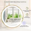 A round bathroom mirror with LED lighting, reflecting a bathroom scene with a window and bathtub. Text overlays describe its features. Anteprima dell’immagine prodotto