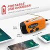 A portable solar-powered radio and charger is shown with several smartphones and a tablet, illustrating its charging capabilities. Produktbild-Vorschau