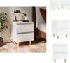 A collage of white nightstands with wooden legs, shown in a bedroom setting and as individual product shots. Náhled obrázku produktu