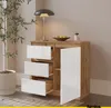 A modern sideboard with three drawers and one door, featuring a wood-grain finish and white gloss fronts, placed in a well-lit room with a plant and a lamp. Voir les images du produit