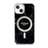 A black marble-patterned iPhone case with a gold circular MagSafe charger imprint and the Guess logo. Podgląd zdjęcia produktu