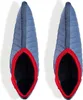 A top-down view of a pair of blue quilted slippers with red trim. Produktbild-Vorschau