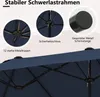 Close-up views of different parts of a navy blue double patio umbrella, highlighting its features. Anteprima dell’immagine prodotto