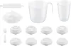 A collection of white plastic accessories for a pasta machine, laid out on a white background. Produktbild-Vorschau