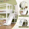 A white bunk bed with a slide and ladder, set against a light green wall with a cartoon bear illustration. Insets show close-ups of the ladder and slide, and a shelf with toys. Anteprima dell’immagine prodotto