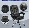 A black office chair with callouts highlighting its features. Produktbild-Vorschau