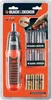 The image shows a Black & Decker battery-powered screwdriver set in its retail packaging, along with a hand holding the screwdriver and a set of drill bits. Produktbild-Vorschau