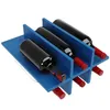 A blue wine rack holding several bottles of red wine. Voir les images du produit