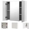 A white bathroom cabinet with a mirrored door and open shelves is shown, along with smaller images of the cabinet closed and open. Náhled obrázku produktu