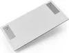 The back of a white rectangular glass picture frame with metal mounting brackets and small white pads on the corners. Produktbild-Vorschau