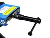 A close-up view of a blue and black motorcycle jack with a yellow sticker. Náhľad obrázku produktu