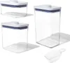 Three clear plastic food storage containers with white lids and blue accents, and one small clear plastic scoop, are arranged on a white background. Náhľad obrázku produktu