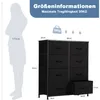 A diagram showing the dimensions of a chest of drawers next to a silhouette of a person, with text indicating size and weight information. Voir les images du produit